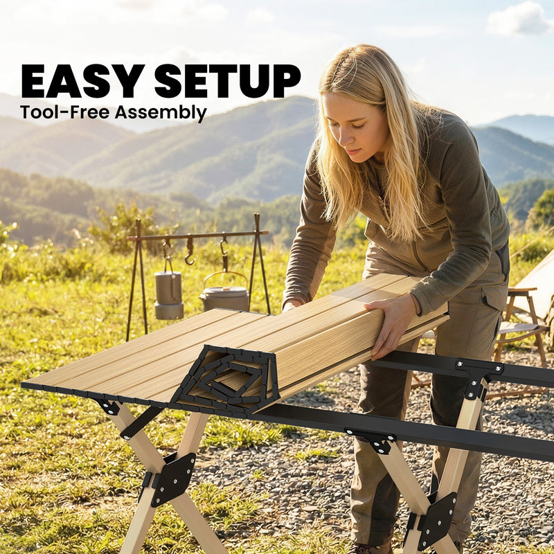 Folding Camping Table with Roll Up Top for Stable Outdoor Meals Dark Brown