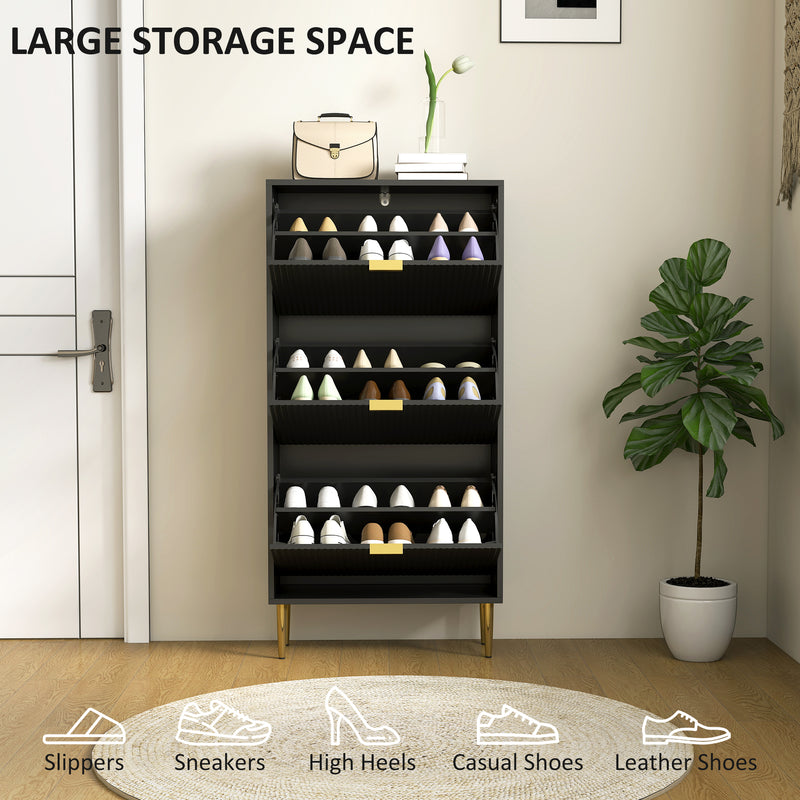 Slim Shoe Storage Cabinet with 3 Tier Flip Drawers Ideal for Hallways Black