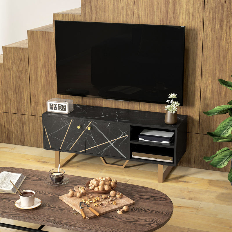 TV Stand Unit for TVs up to 50 Inches with Storage Shelves and Cupboard Black Marble Tone