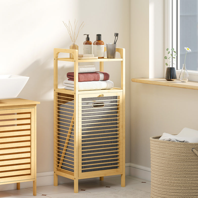 Bamboo Laundry Cabinet With Tilt Out Hamper Removable Liner Ideal For Bathrooms, Natural Wood