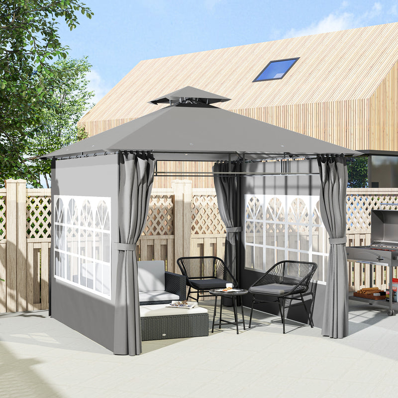Light Grey 3 x 3 m Garden Gazebo with Double Roof and Removable Sidewalls by Outsunny
