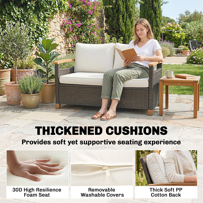 2 Seater Rattan Garden Sofa with Deep Cushions and Acacia Armrests for Comfortable Outdoor Relaxing Brown Cream White Outsunny
