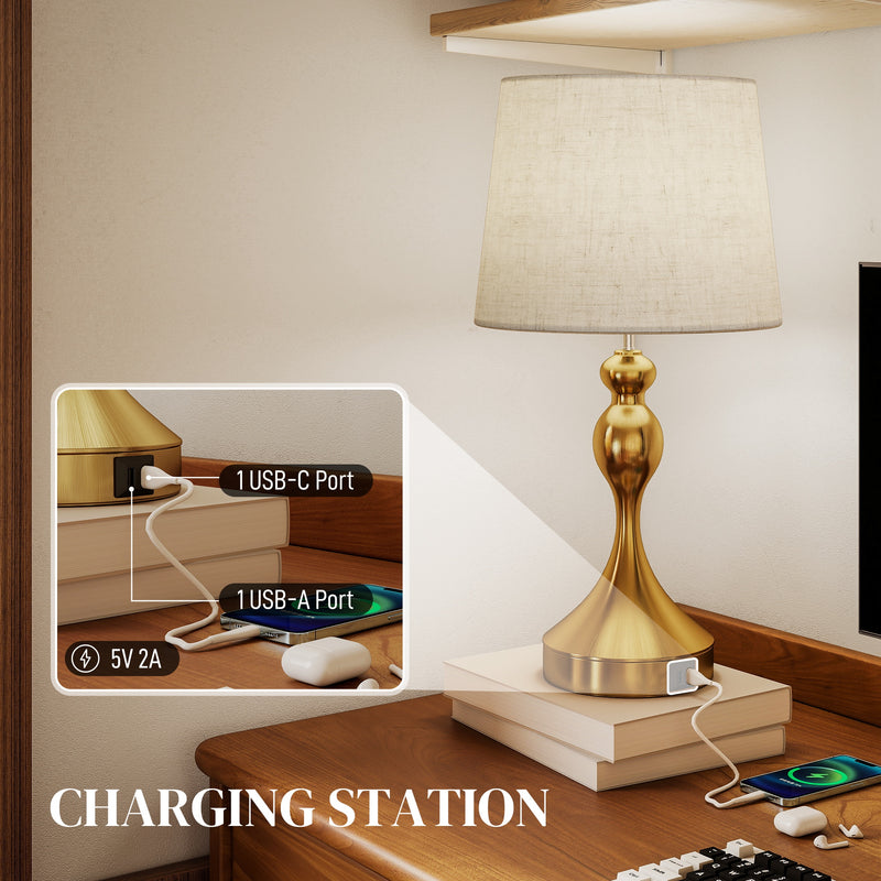 Set of 2 Modern Bedside Table Lamps with USB Charging and 3 Light Modes, Gold Tone AOSOM