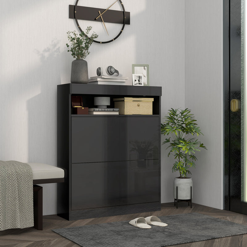 Flip Door Shoe Storage Cabinet For 16 Pairs With High Gloss Finish, Black