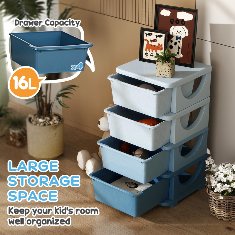 Four Tier Kids Storage Unit With Removable Drawers For Toys And Books Blue