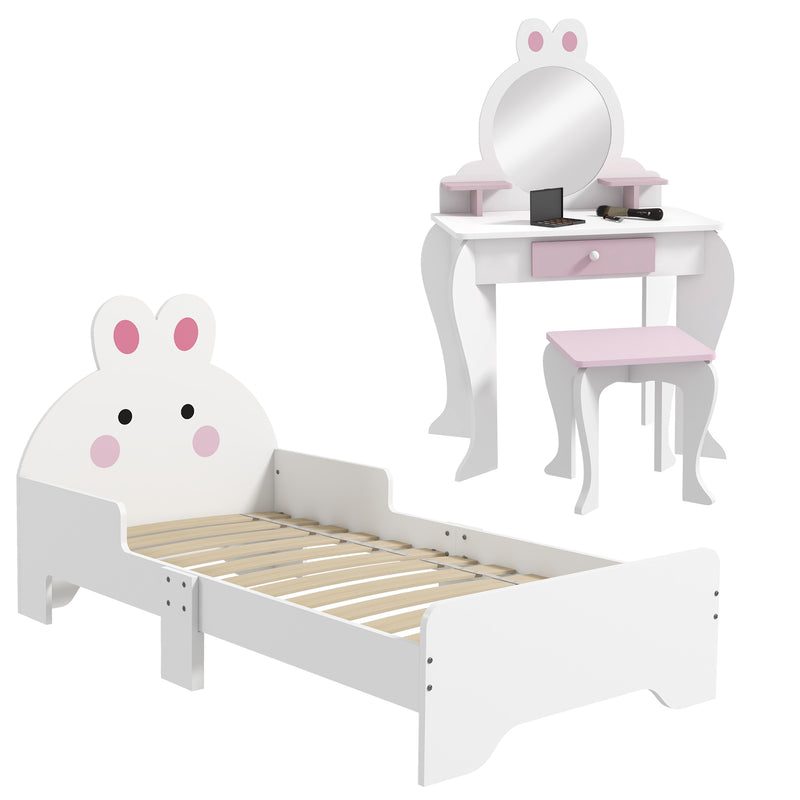 Wooden Kids Bedroom Furniture Set with Bed and Dressing Table for Ages 3 to 6 Years, Pink Bunny Design