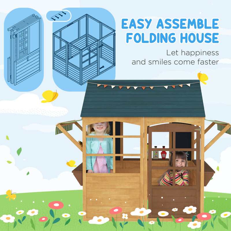 Wooden Foldable Kids Playhouse with Windows Working Door and Rain Covers in Brown