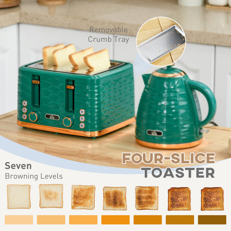 3000W Fast Boil Kettle and 4 Slice Toaster Set With Crumb Tray and Browning Control Green