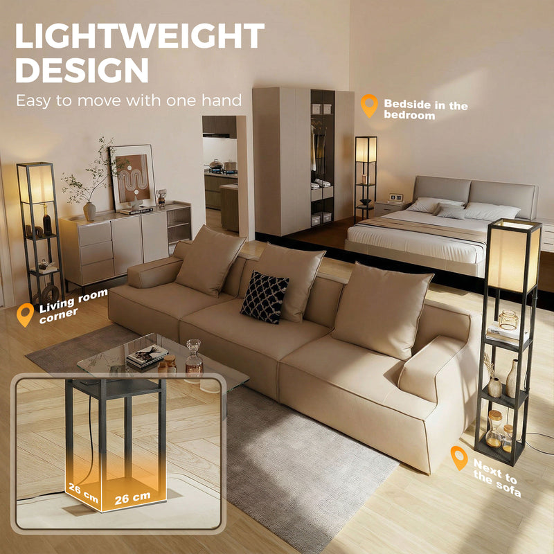 Floor Lamp with Shelves for Extra Storage and Soft Lighting in Small Spaces Black Homcom