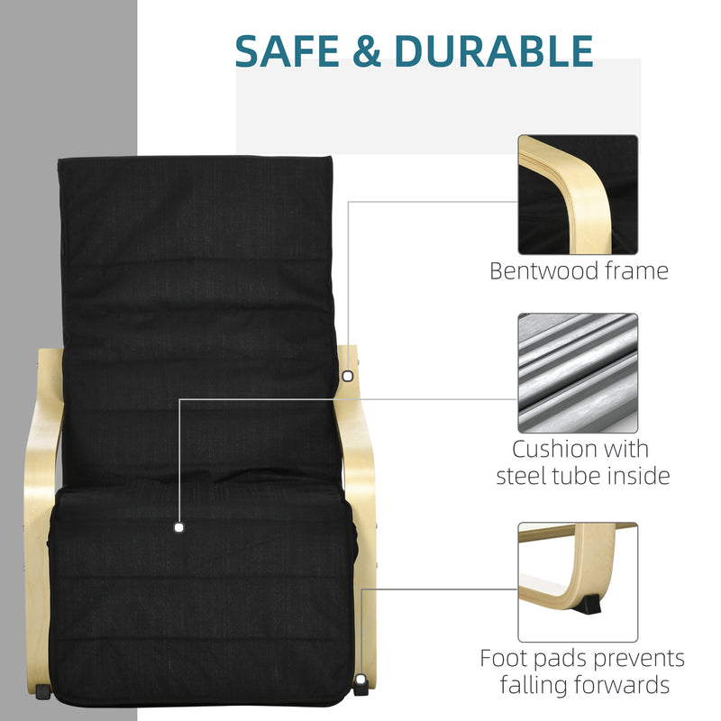 Wooden Reclining Lounger Chair With Adjustable Footrest And Removable Cushion Cover Black