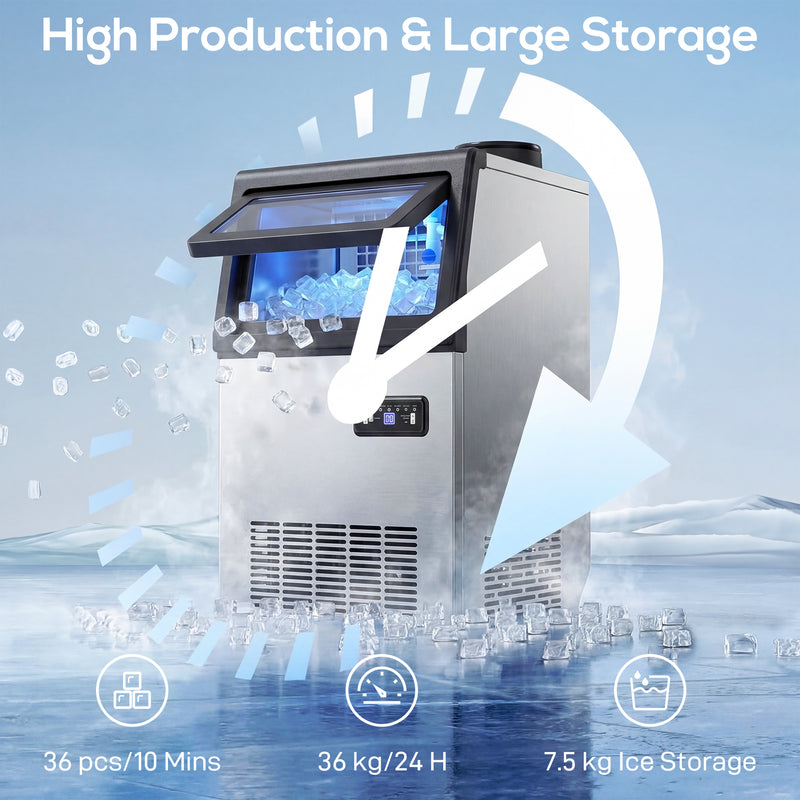Commercial Ice Maker | 36kg Daily Output | Under Counter | Silver & Black Homcom