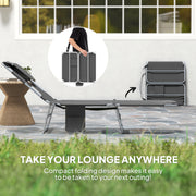 Dark Grey Folding Sun Loungers Set of 2 with Adjustable Backrest and Pillow for Garden or Beach