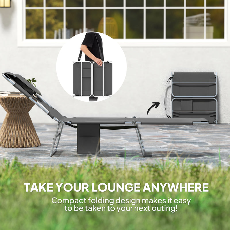 Dark Grey Folding Sun Loungers Set of 2 with Adjustable Backrest and Pillow for Garden or Beach