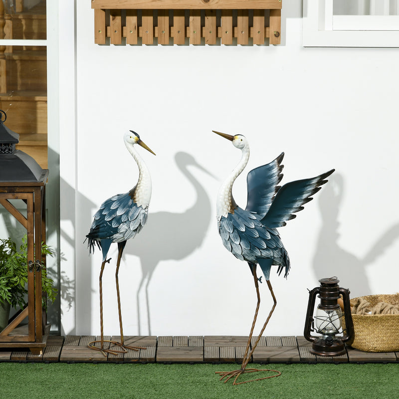 Garden Heron Statues Set of 2 for Wildlife Decor with Weather Resistant Steel Blue White Outsunny