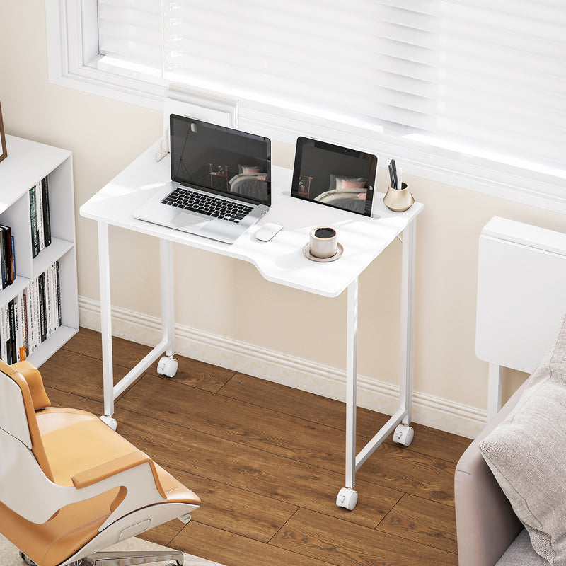 Compact Folding Desk on Wheels for Home Office or Study Space White Wood Effect AOSOM
