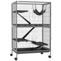Small Animal Cage with Hammock and Removable Tray on Wheels for Chinchillas and Ferrets, Grey