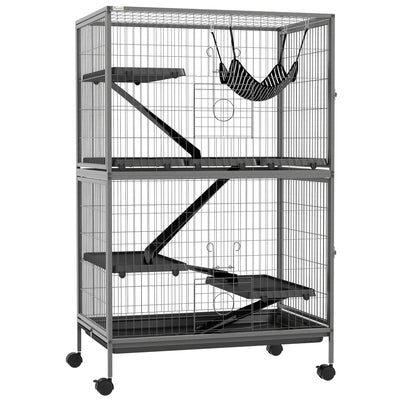 Small Animal Cage with Hammock and Removable Tray on Wheels for Chinchillas and Ferrets, Grey