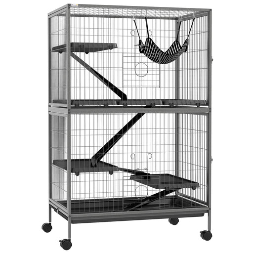 Small Animal Cage with Hammock and Removable Tray on Wheels for Chinchillas and Ferrets, Grey