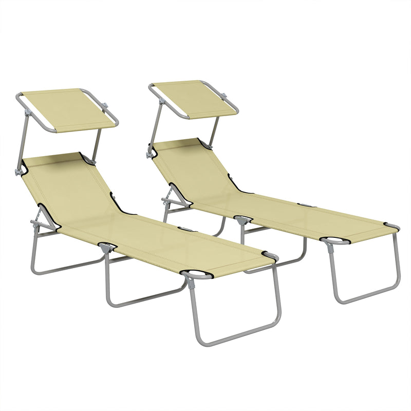 Set of 2 Beige Foldable Sun Loungers with Adjustable Backrest and Canopy for Garden or Beach Outsunny