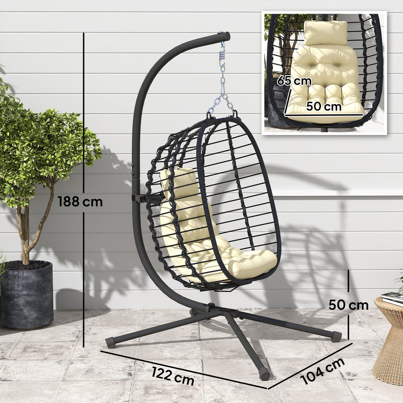 Cream Rattan Hanging Egg Chair with Cushion Pillow and Stand for Garden or Indoor Use by Outsunny