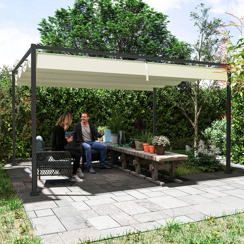 4 x 3m Metal Pergola With Retractable Roof Shade Ideal For Patio Or Garden Use Cream White AOSOM