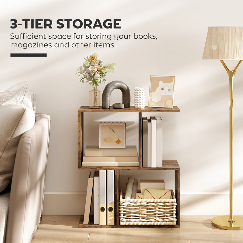 Slim S Shaped Side Table with 3 Storage Shelves Ideal for Small Spaces Rustic Brown