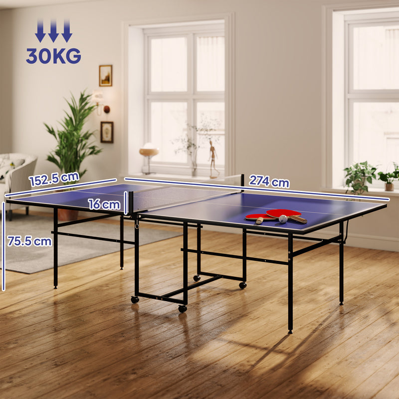 SPORTNOW 9FT Folding Table Tennis Table with Four Wheels, for Indoor Use, Blue AOSOM