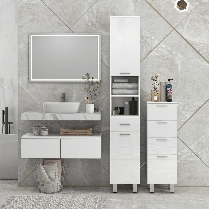 Tall Slim Bathroom Storage Cabinet With Adjustable Shelves And Drawer, High Gloss White