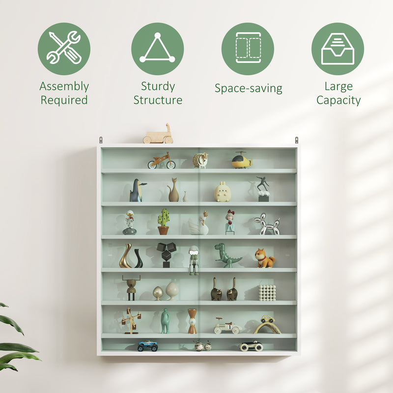 White 7 Tier Wall Display Cabinet with Glass Doors and Adjustable Shelves by HOMCOM