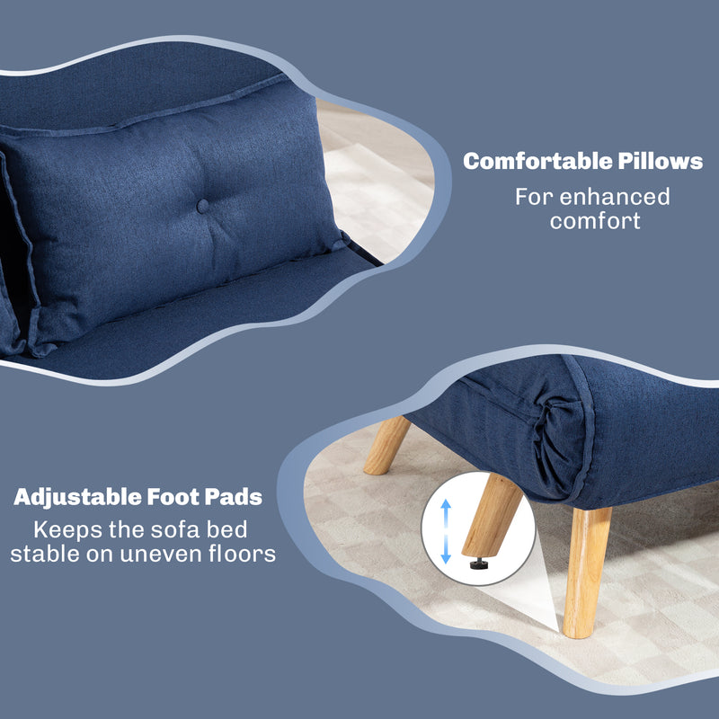 Two Seater Linen Look Sofa Bed Converts to Guest Sleeper for Small Spaces Dark Blue