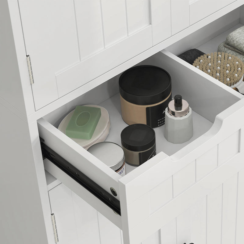 Tall White Bathroom Storage Cabinet with Shelves and Drawer for Towels and Toiletries