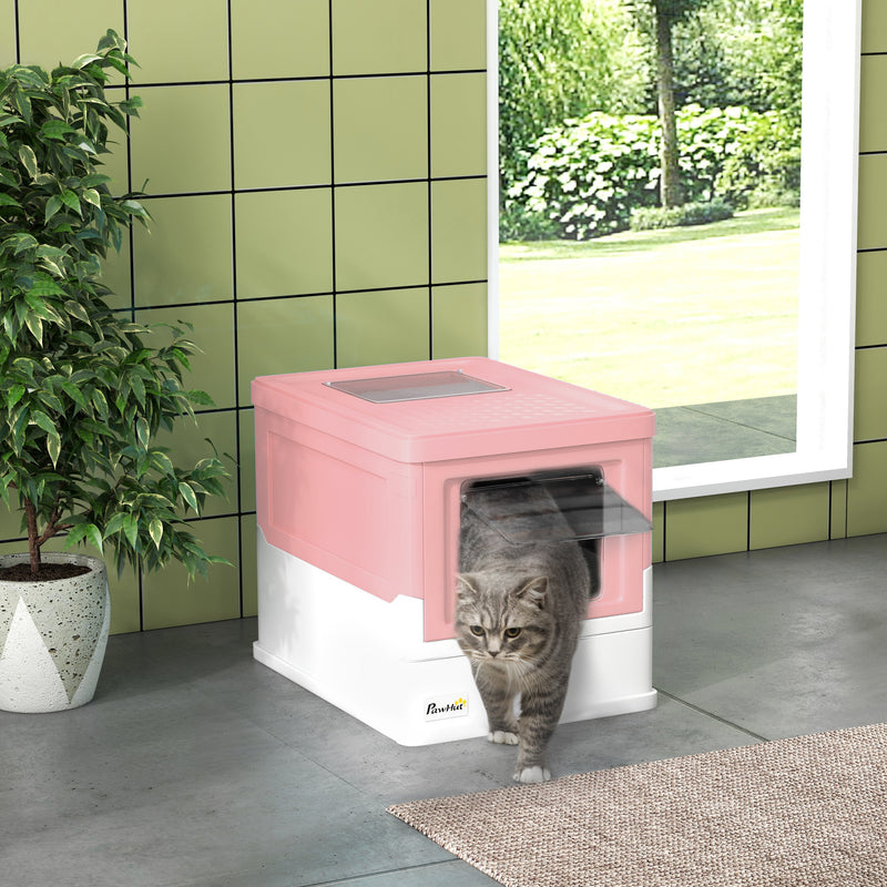 Pink Hooded Cat Litter Box With Scoop Portable Front Entry Pet Toilet by PawHut