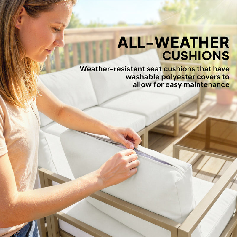 Garden Sofa Set with Gold Metal Frames Thick White Cushions and Coffee Table for Flexible Outdoor Seating