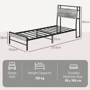 Grey Single Steel Bed Frame with LED Lights and Headboard Shelf by HOMCOM