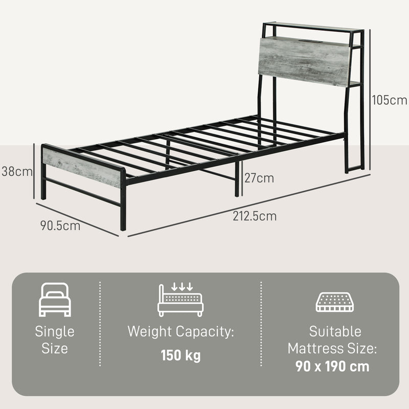 Grey Single Steel Bed Frame with LED Lights and Headboard Shelf by HOMCOM