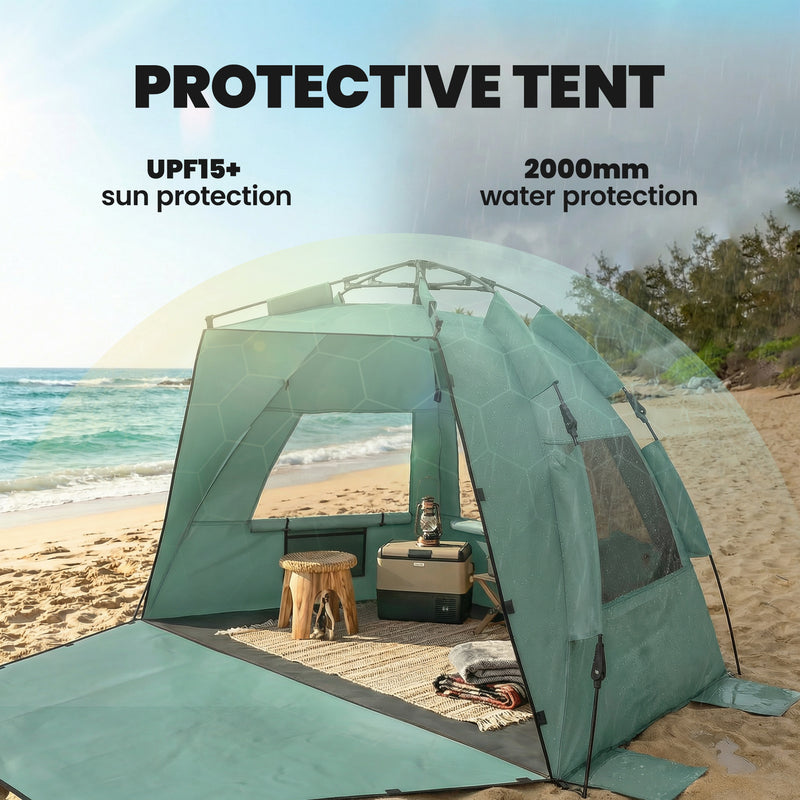 Pop Up Beach Tent for Quick Sun and Wind Protection with Mesh Windows Green Outsunny