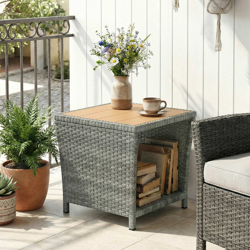 Side Table For Patio with 2-Tier Storage PE Rattan - 45W x 45D x 43H cm Outsunny