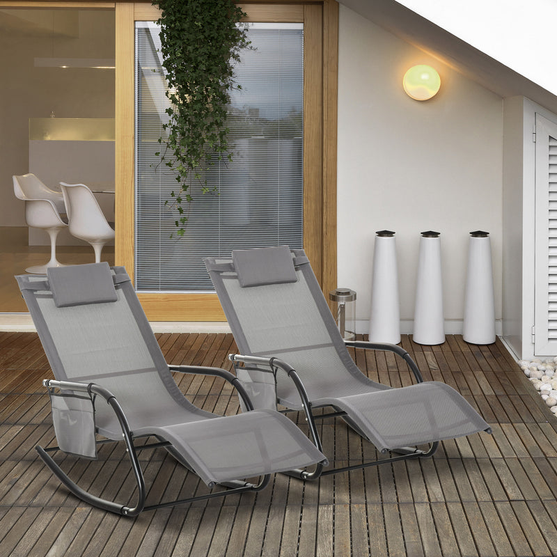 2 Piece Outdoor Rocking Chair Set with Headrest and Side Storage for Garden Grey AOSOM