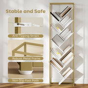 Modern Bookcase For Living Room Organisation - 10 Tiers - Gold Metal Frame With Angled White Shelves Homcom