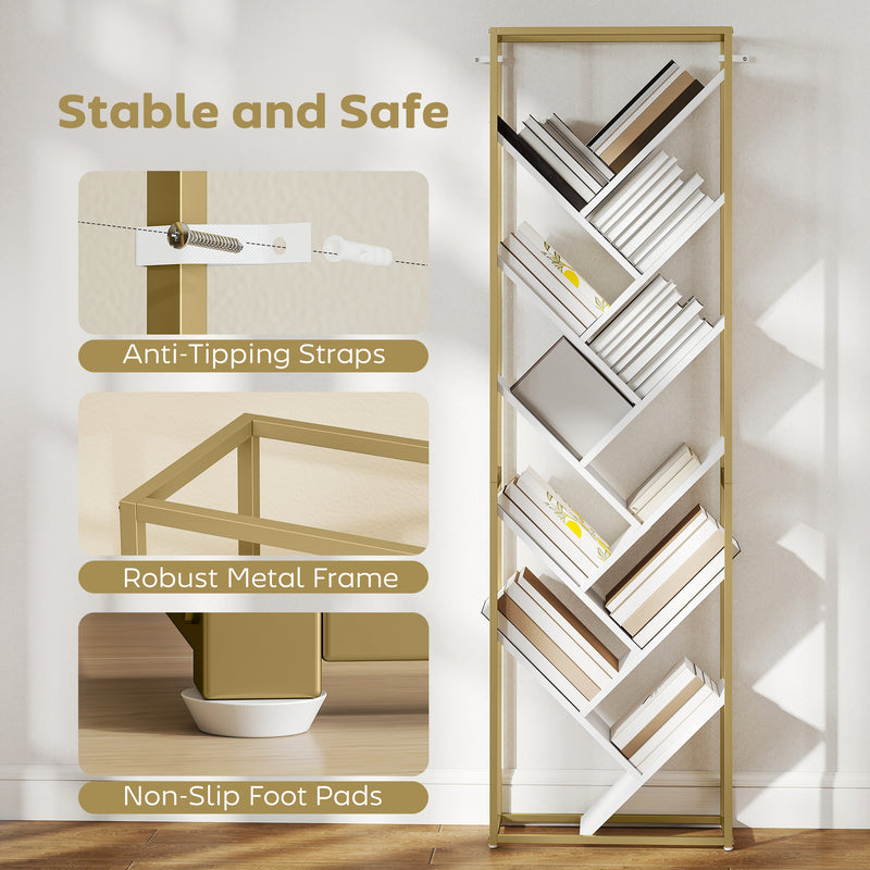 Modern Bookcase For Living Room Organisation - 10 Tiers - Gold Metal Frame With Angled White Shelves Homcom