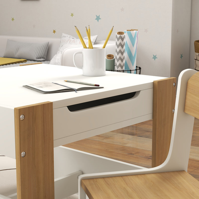 Three Piece Kids Table and Chair Set with Blackboard Storage and Shelves in Natural Wood AOSOM