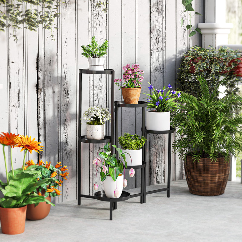 Black 3 Tier Foldable Metal Plant Stand for Indoor Outdoor Use by Outsunny
