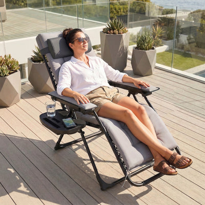 Zero Gravity Reclining Garden Sun Lounger Chair with Padded Cushion and Side Tray for Outdoor Relaxing Light Grey Outsunny