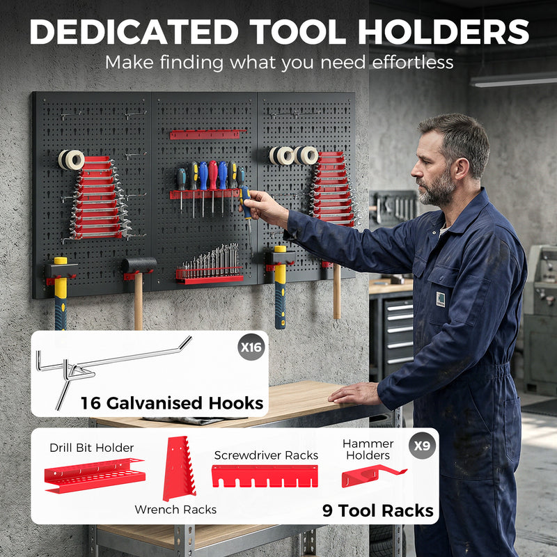 Steel Wall-Mounted Pegboard Tool Organiser Set for Garage or Shed Storage Black Red Homcom