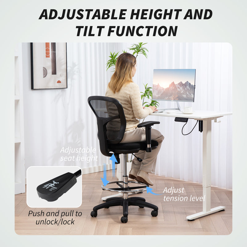 Ergonomic Black Mesh Drafting Chair with Adjustable Armrests and Footrest