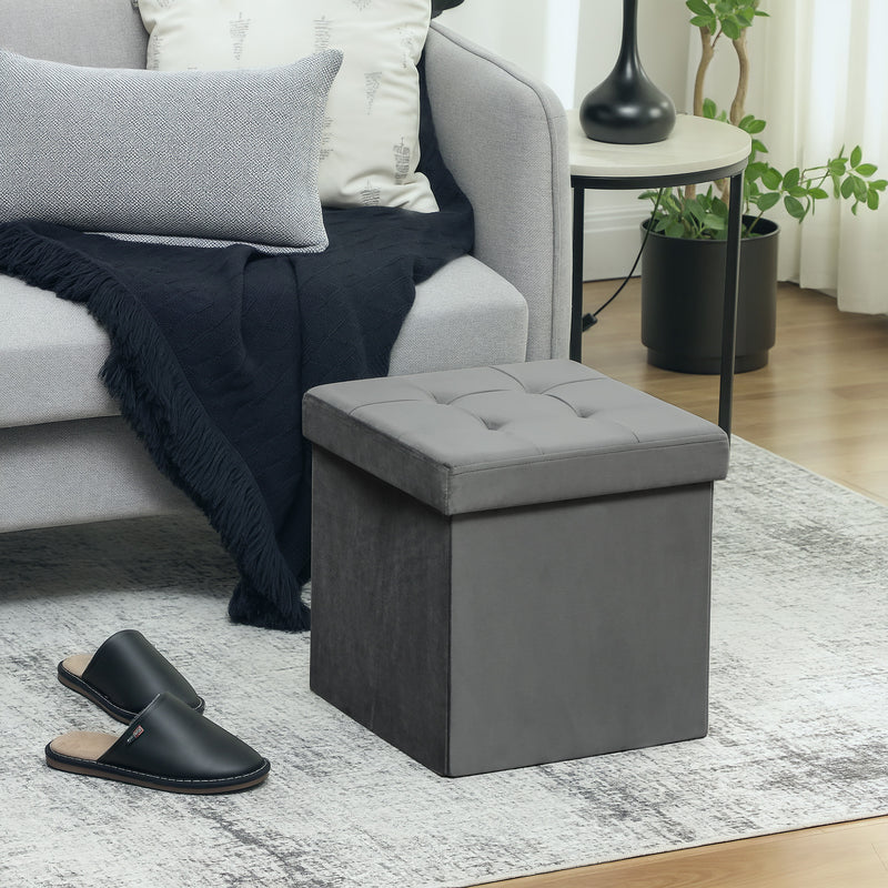 Foldable Velvet Feel Storage Ottoman With Padded Seat And Hidden Compartment Grey