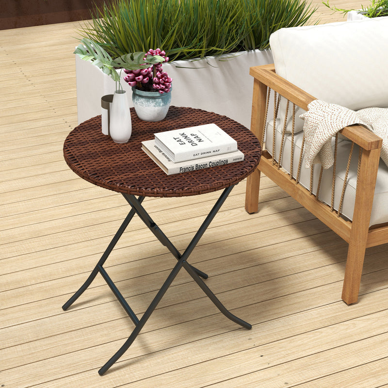 Round Foldable Rattan Garden Coffee Table with Metal Frame for Lawn or Patio Mixed Brown