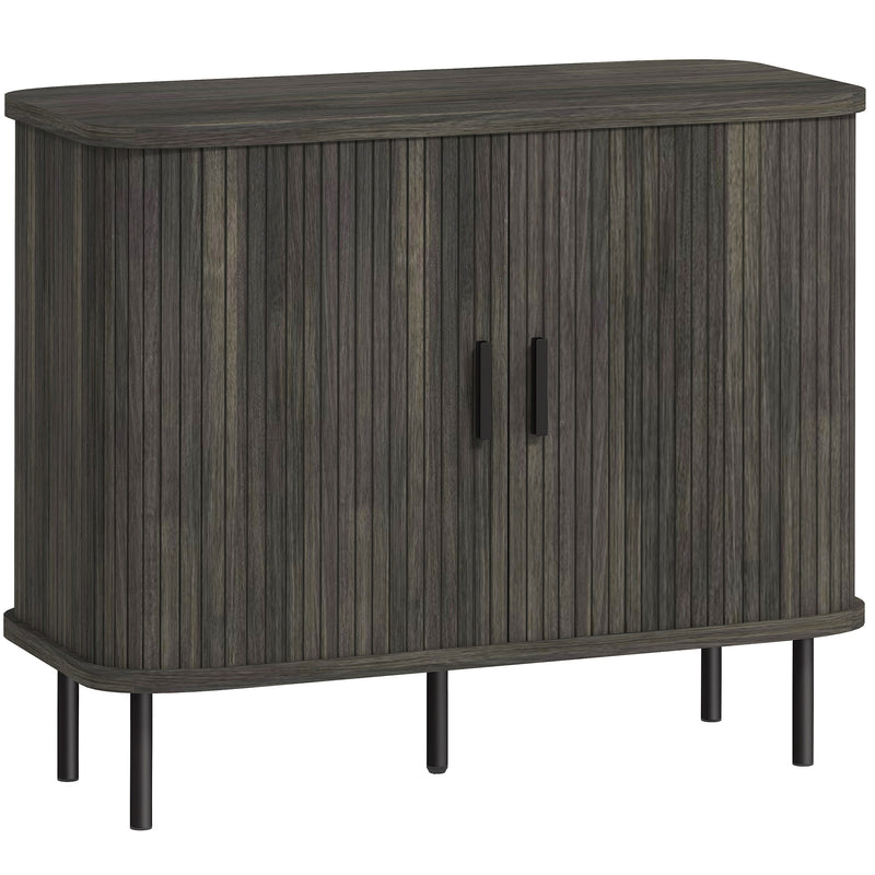 Mid Century Sideboard Cabinet With Sliding Tambour Doors and Steel Legs for Kitchen Grey