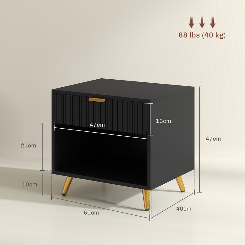 Set of 2 Bedside Tables with Drawer and Shelf Ideal for Bedroom Storage Black Gold Tone