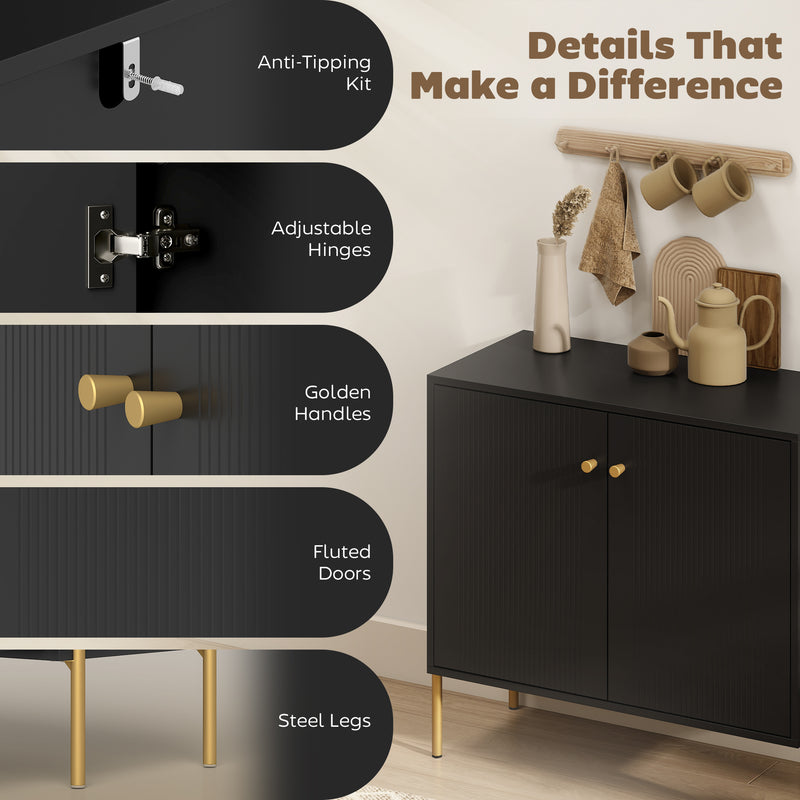 Sideboard with Adjustable Shelf and Raised Legs for Easy Cleaning Black Gold Tone